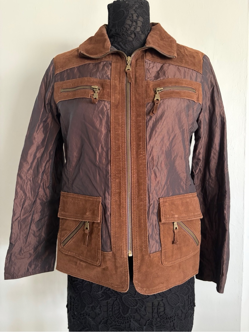 Chico's Brown Suede-Trim Zip Front Lightweight Jacket